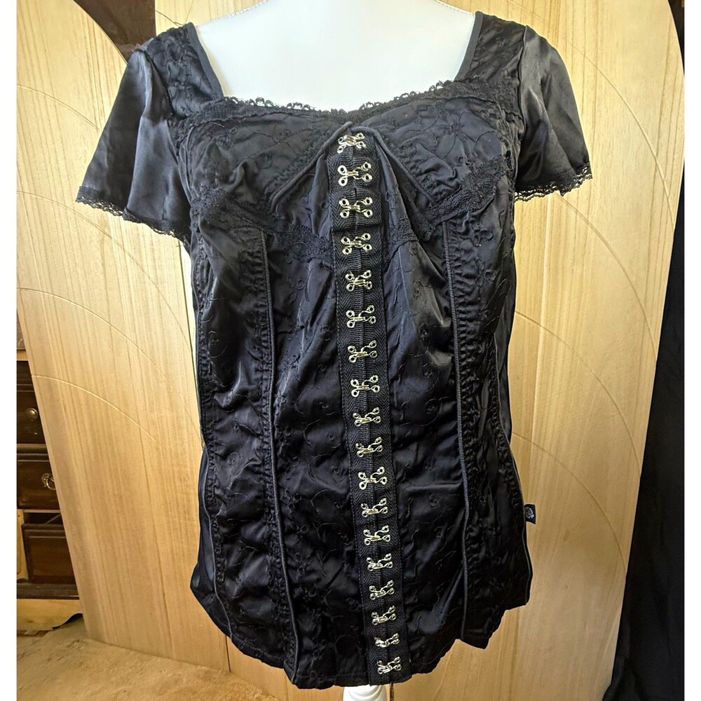 VTG Tripp NYC Top Black 1 Satin Lace Sleeve Goth Emo Corset Blouse Witchy